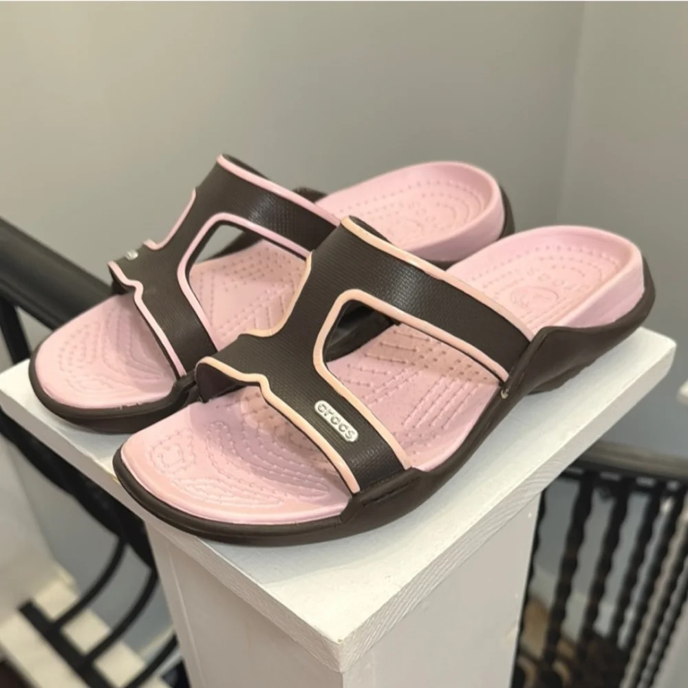 CROCS Florence Pink Brown Mules Slide Slip On Strappy Sandels Flip Flops Size 9 - Picture 6 of 6